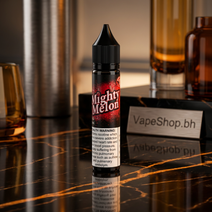 Close-up of Mighty Sour E-Liquids Saltnic, tangy sour flavor label on sleek 30ml SaltNic bottle, premium Bahrain vape e-liquid