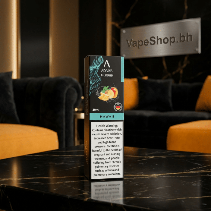 Close-up of adalya saltnics e-liquid bottle with flavor label, high-nicotine salt nic for bahrain e-cig users.