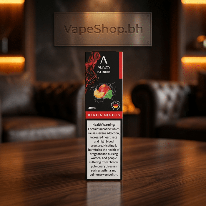 Adalya e-liquids saltnic side angle in sleek bottle design, intense nicotine salt vape juice available in bahrain.