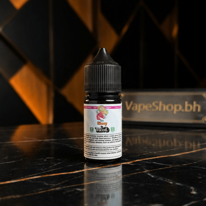 Close view of mood e-liquids saltnic salt nic e-liquid, glossy bottle reflecting light for bahrain vapers.