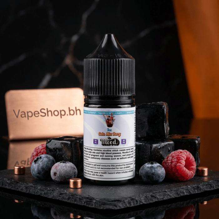 Mood e-liquids saltnic e-liquid with salt nicotine, angled shot highlighting premium bahrain vape juice bottle.
