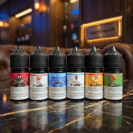 Mood E-Liquids Saltnic salt nicotine e-liquid bottle in Bahrain, sleek metallic design with vibrant label close-up.