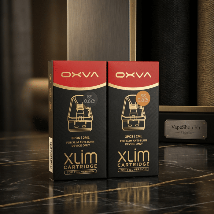 Oxva xlim ss pods angled shot, mesh coil resistances visible, premium bahrain vape replacement pods