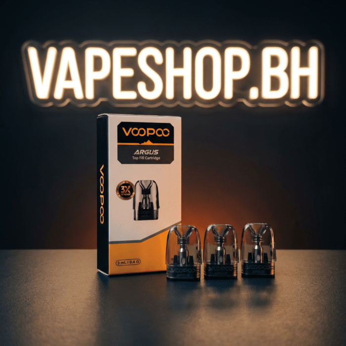 Side view of voopoo argus 2ml top-fill pod cartridge, pctg build, compatible coils for bahrain e-liquids.