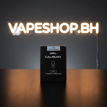 Close view of UWELL Caliburn A3 Pod showing large e-liquid window, ergonomic mouthpiece and magnetic connection for easy Bahrain vape refills