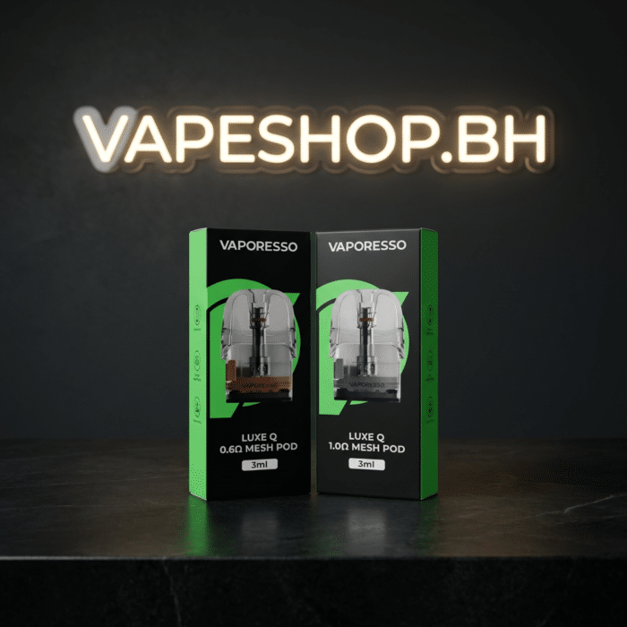 Close-up of vaporesso luxe q pods showing 0. 8ohm red base mesh coil, leakproof design for bahrain vape shop.