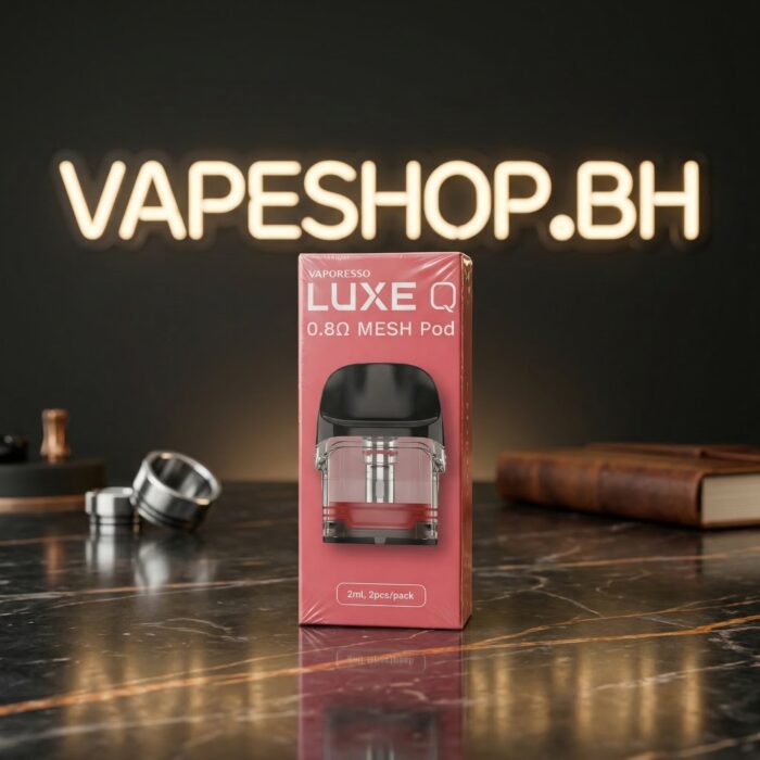 Side view of vaporesso luxe q pods magnetic connection and visible e-liquid window, bahrain vape essential.