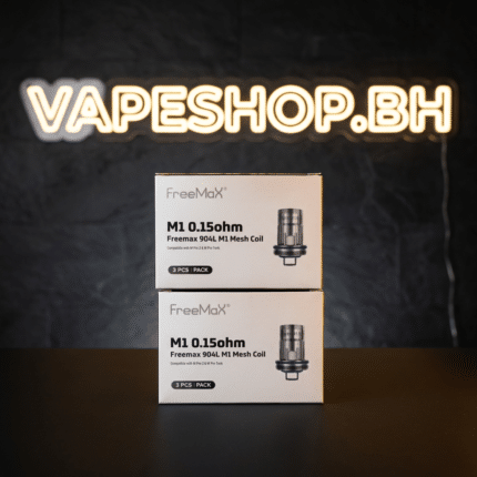 Close-up of FREEMAX M1-D 0.15Ω replacement coils, shiny metal mesh design in 3-pack for Bahrain vape pods