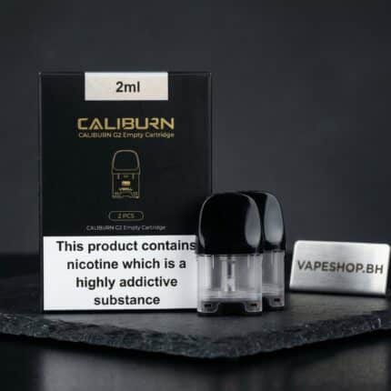 Close-up of **UWELL Caliburn G2 pods** CRC version showing transparent 2ml e-liquid window and top-fill design