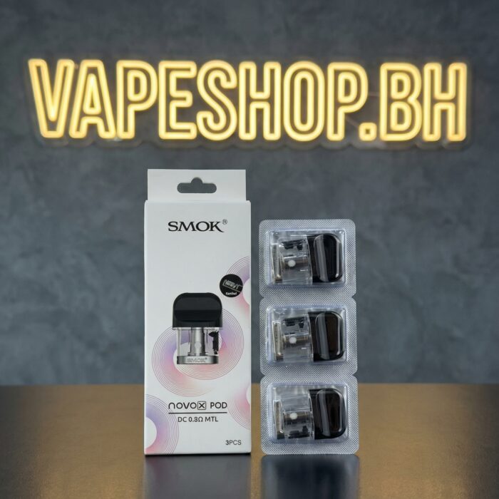 Angled view of stylish smok novo x pod with power button, 0. 8ohm mtl coil pod and ergonomic shape for smooth bahrain vaping.