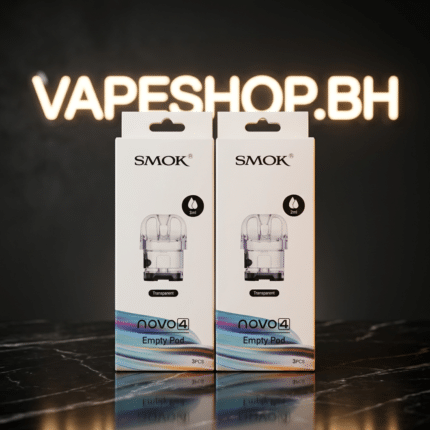 **SMOK Novo 4 Pod** featured view, transparent 2ml black pod with duck-bill mouthpiece and side fill for Bahrain vapes.