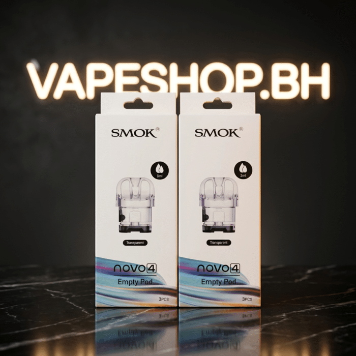 **smok novo 4 pod** featured view, transparent 2ml black pod with duck-bill mouthpiece and side fill for bahrain vapes.