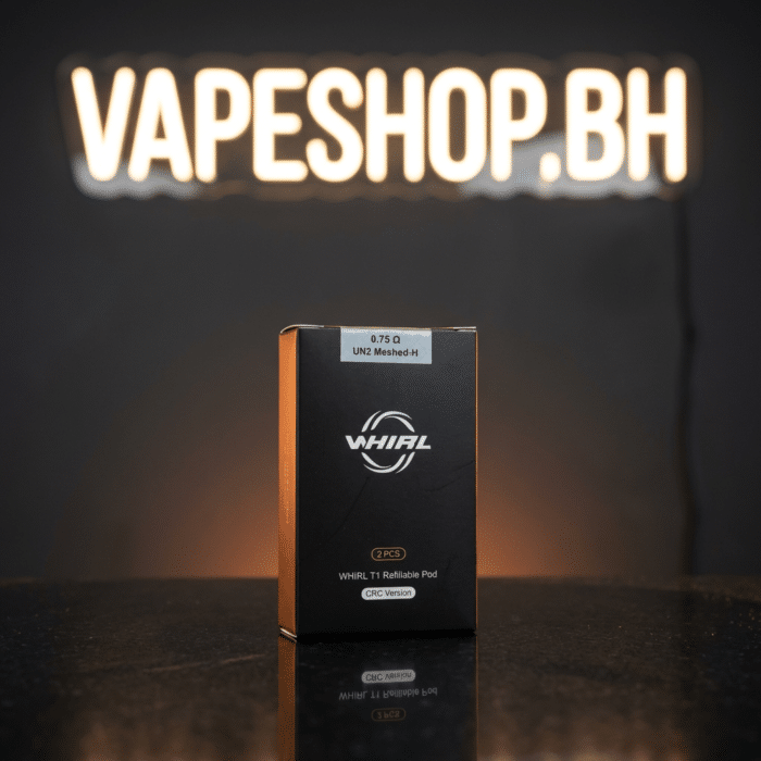 Whirl t1 pod crc refillable cartridge with un2 meshed-h 0. 75ω coil, 3ml child-resistant cap, adjustable airflow for bahrain vapers.