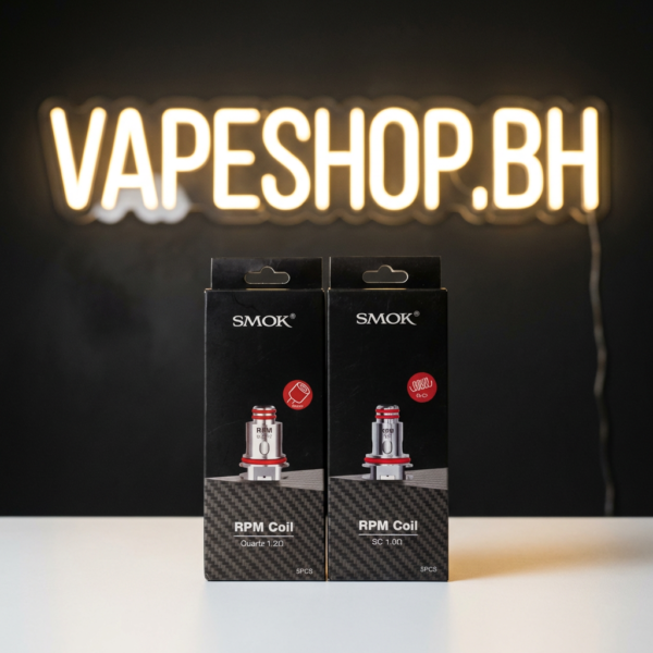 Pack of five SMOK RPM coils in black packaging, featuring 0.3ohm MTL mesh and 0.4ohm mesh options for Bahrain vapers