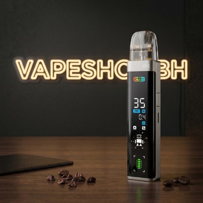 Close-up of uwell caliburn g3 pro kit zinc-alloy chassis, multi-function button and vibrant screen displaying wattage for bahrain vapers