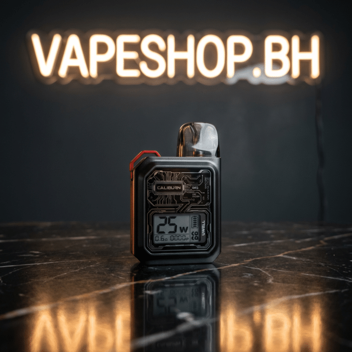 Stylish black uwell caliburn gk3 pod system displaying lcd screen, lanyard loop and draw-activated mechanism