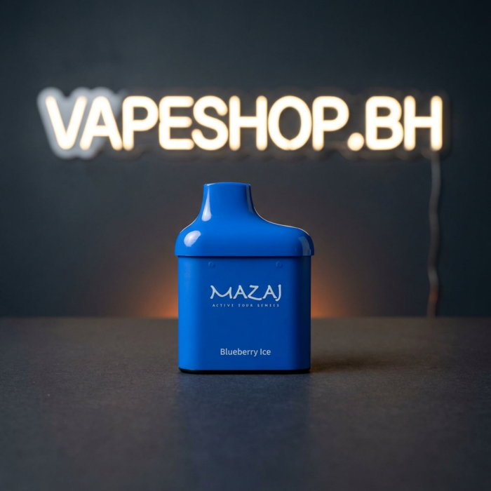Mazaj switch pod disposable vape angle 2, ergonomic shape with mazaj branding and 50mg nicotine pod bahrain