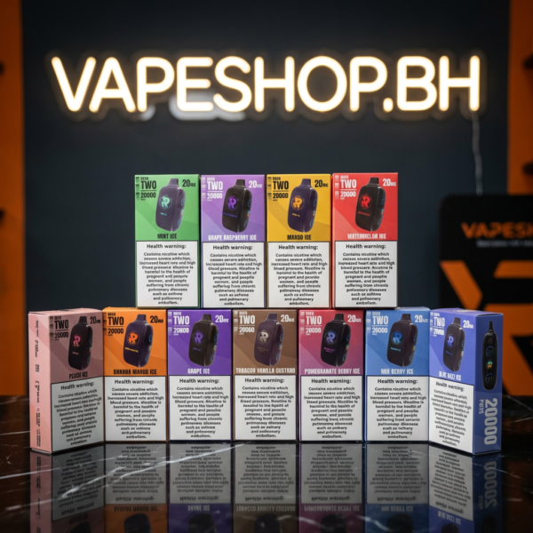 ROXO Roxo Two 20K disposable vape featured view with LED screen, 20ml e-liquid, 850mAh battery, sleek black rectangular design for Bahrain vapers