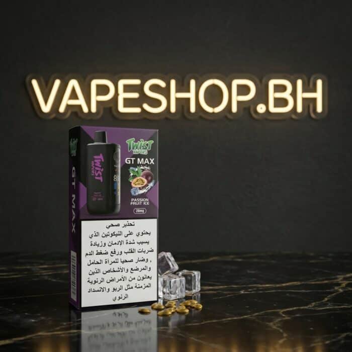Twist gt max 20000 rechargeable disposable vape angled view highlighting slim profile and puff count, bahrain