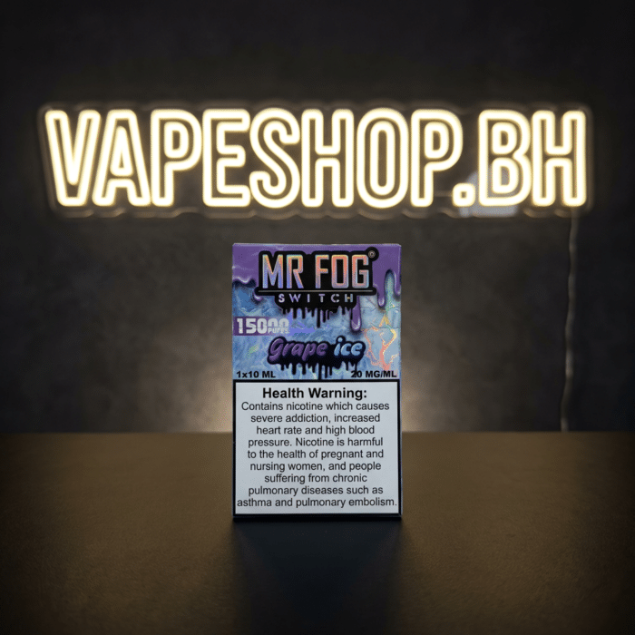 Compact mr fog 15k switch vape displaying battery and e-liquid levels on screen, ergonomic bahrain vape.