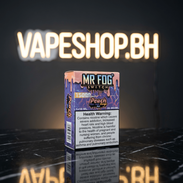 Side angle of mr fog 15k vape highlighting child lock and crackle texture grip for bahrain shoppers.