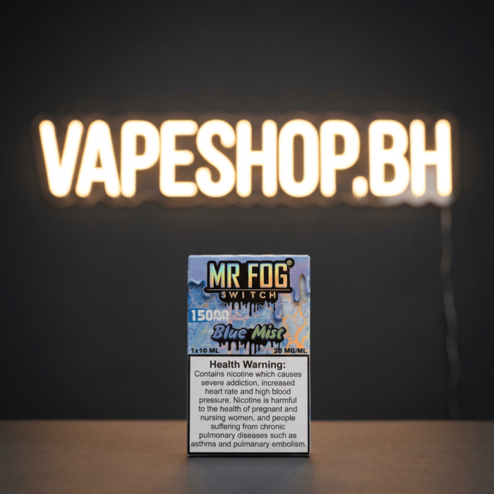 Detailed mr fog 15k vape showing mouthpiece and eco/boost switch, stylish bahrain disposable device.