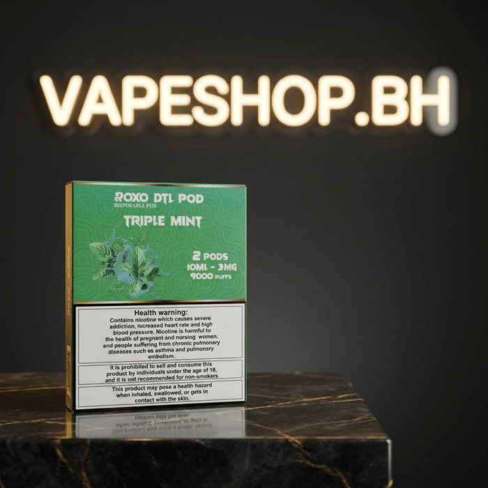 Roxo roxo dtl pod close-up showing mouthpiece and body, premium disposable vape pod for bahrain vapers.