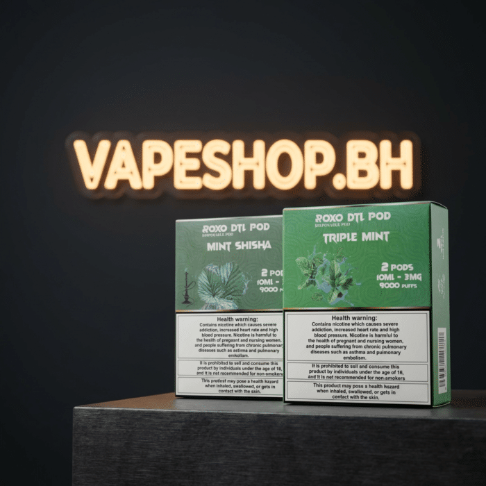 Angled view of roxo dtl pod disposable by roxo, ergonomic dtl design, ideal bahrain hookah-style vape.