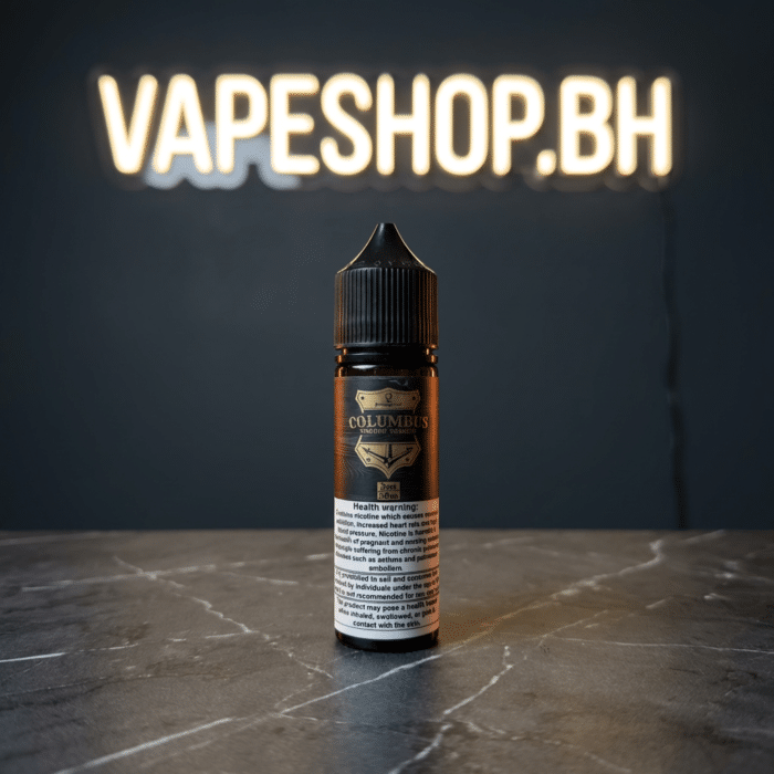 Close view of columbus smooth tobacco freebase e-juice in 60ml bottle, smooth classic flavor for daily vaping in bahrain.