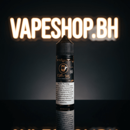 Captain Gold E-Liquids Freebase close-up, golden hue freebase e-liquid in sleek bottle