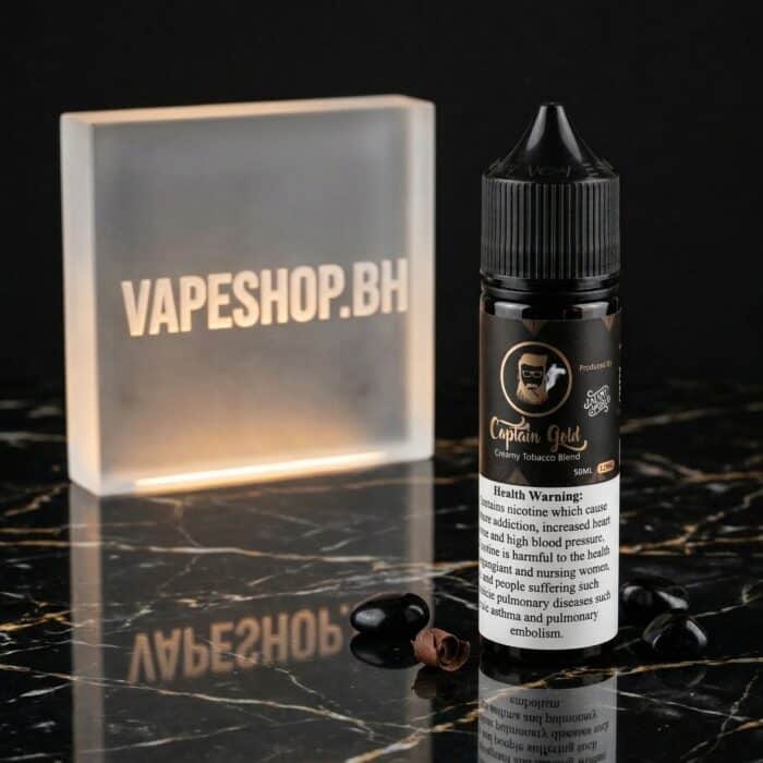 Captain gold e-liquids freebase packaging detail, transparent e-juice bottle for vaping