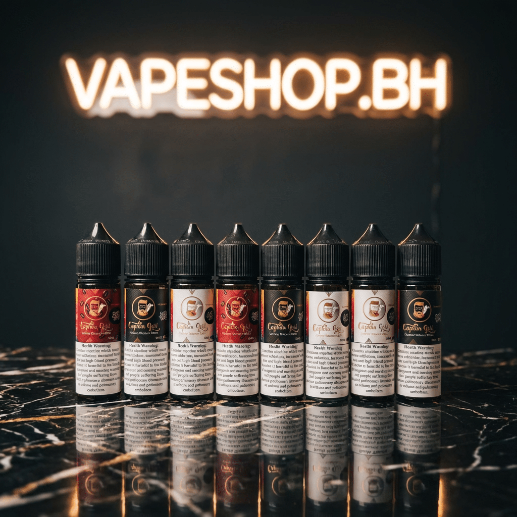 3840694 Captain gold e-liquids freebase bottle, premium vape juice for bahrain vapers, clear label view