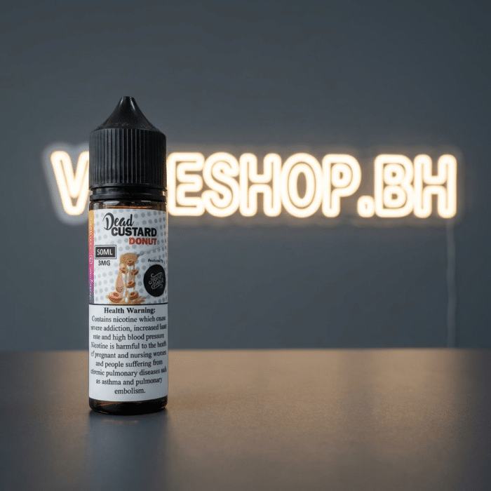 Close-up of dead custard freebase e-liquid bottle, glossy label with custard notes, ideal bahrain freebase vape juice.