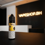 Angled shot of Dead Custard Freebase e-liquid, vibrant custard theme label, premium freebase vape juice in Bahrain.