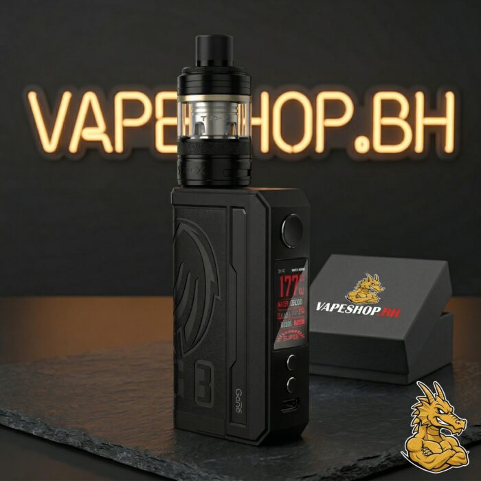 Closeup of voopoo drag 3 mod showcasing leather grip, firing button and adjustment buttons on robust 177w freebase kit.