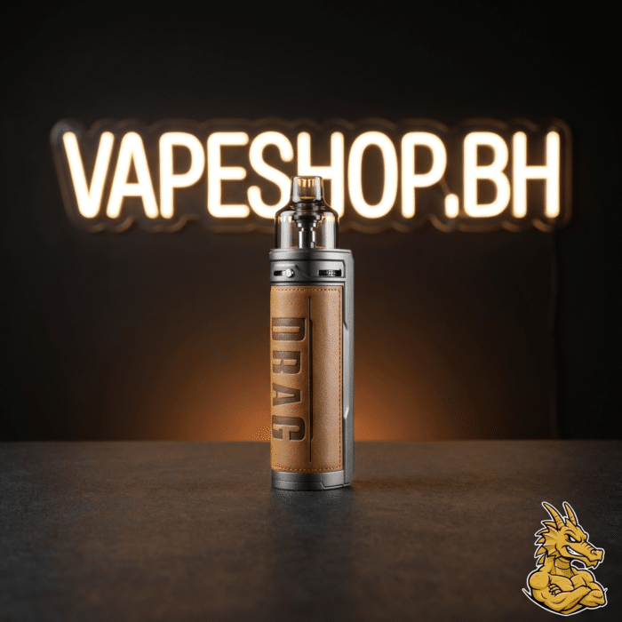 Close-up of voopoo drag x pod mod battery door and usb-c port on premium leather textured surface.