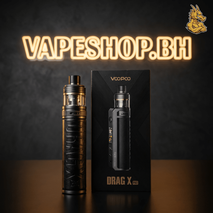 Side angle of black voopoo drag x pro with physical locking switch, battery compartment, and dual airflow slots.