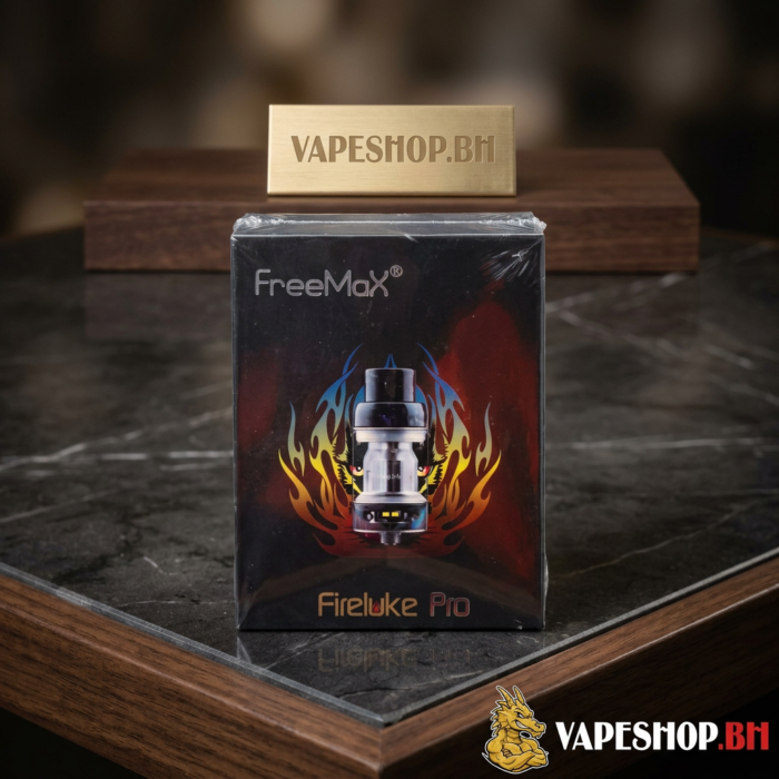 Close view of freemax fireluke pro sub-ohm tank showing pyrex glass capacity and stainless steel base, ideal bahrain vape accessory