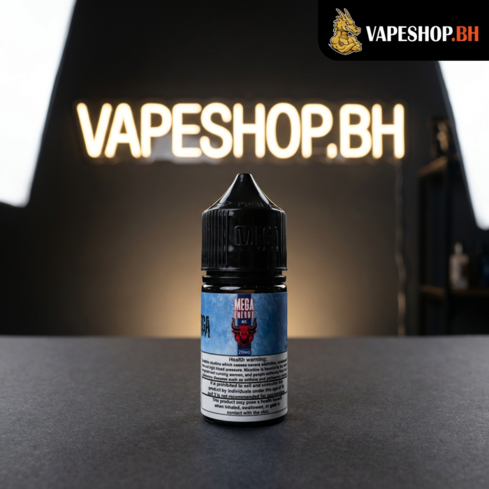 Mega e-liquids saltnic by grand, 30ml salt nic juice in tall bottle showing flavor details, bahrain pods