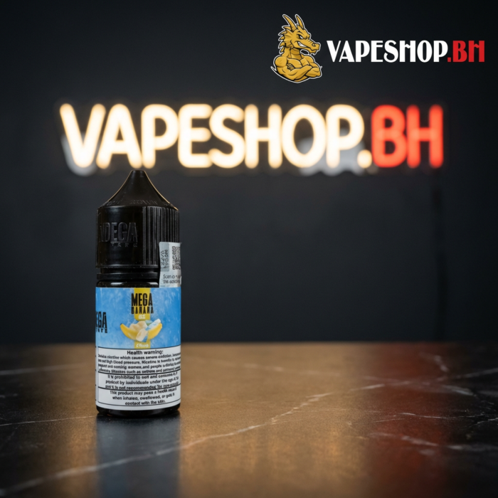 Close view of grand mega saltnic e-liquid 30ml, vibrant label and 50/50 vgpg ratio, vape bahrain