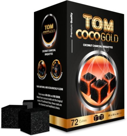 Tom Coco Gold charcoal 1kg box with 72 natural 25mm cubes for hookah, premium coconut shell, low ash Bahrain shisha.