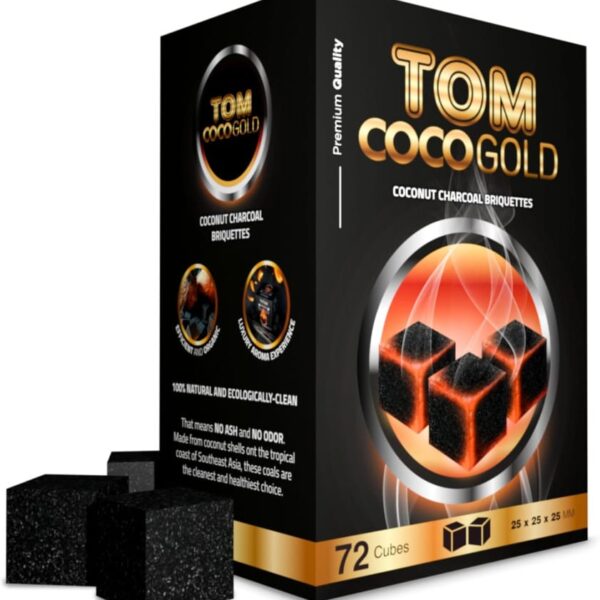 Tom Coco Gold charcoal 1kg box with 72 natural 25mm cubes for hookah, premium coconut shell, low ash Bahrain shisha.