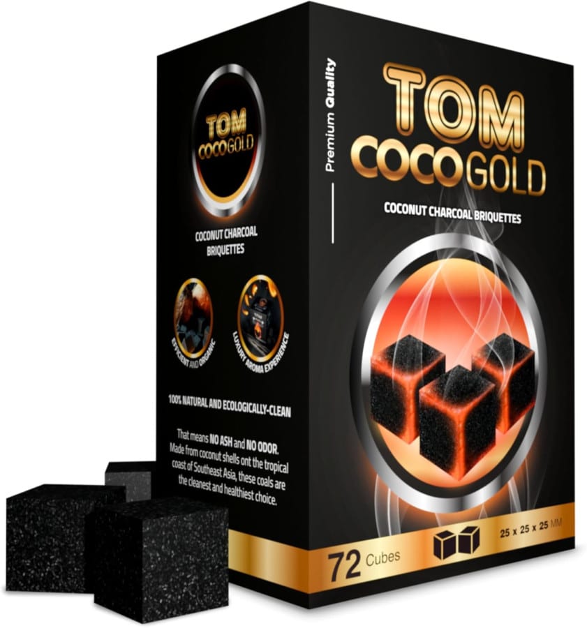 6800C6F3285F591D6E08D2E8-Tom-Coco-72-Natural-Charcoal-Cubes-25-1.Jpg Tom coco gold charcoal 1kg box with 72 natural 25mm cubes for hookah, premium coconut shell, low ash bahrain shisha.