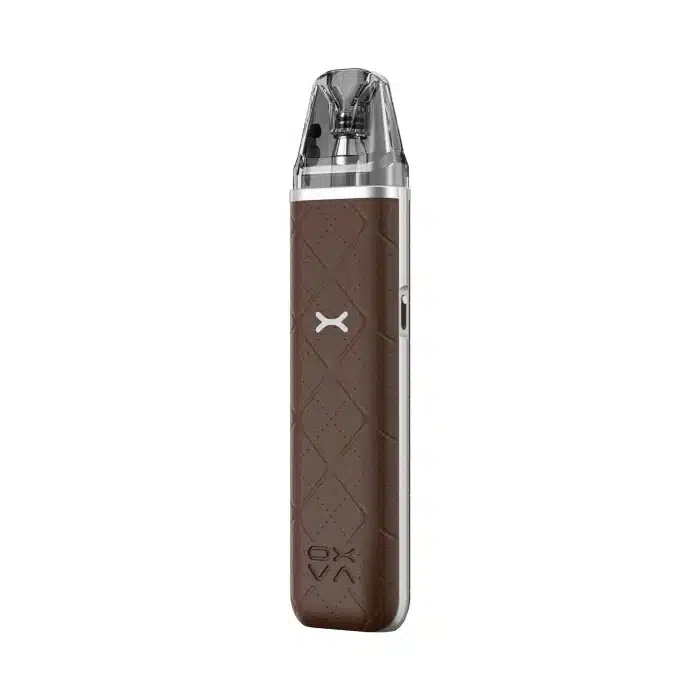 Oxva xlim go saltnic device in dark brown leather-textured finish, compact pod vape kit.