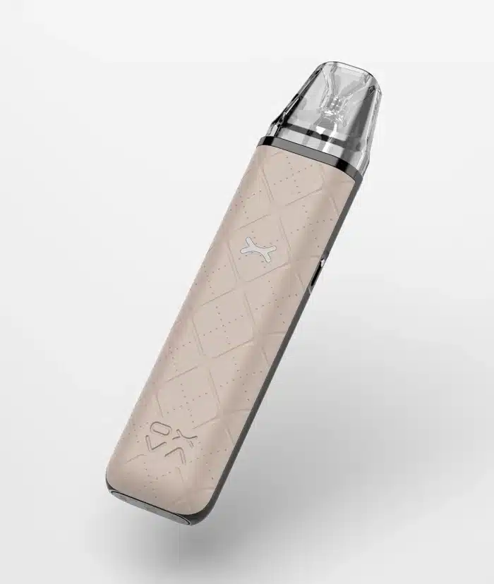Oxva xlim go saltnic vape in light brown color, slim zinc-alloy body with magnetic pod.