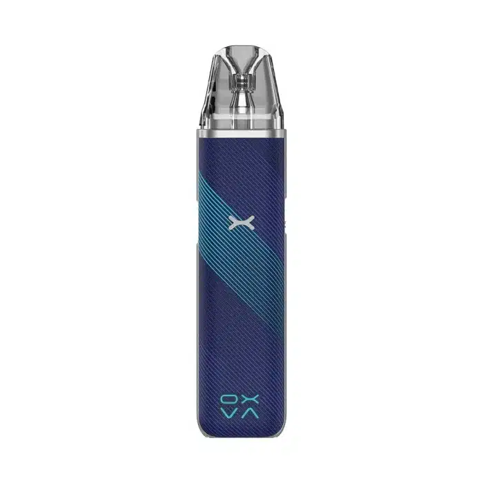 Striped blue oxva xlim go saltnic kit, leather-like texture and draw-activated firing.