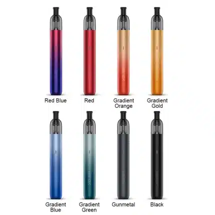 GeekVape Wenax M1 kit in all colors: slim cigar-shaped vape pens with 800mAh battery, 2ml pods, black, red, gradient orange, gold, blue, green, gunmetal for Bahrain vapers.