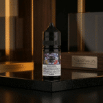 Artistic render of Samsvape Sam's Vape E-Liquids Saltnic bottle, dynamic angle, premium salt nic e-juice for vapes