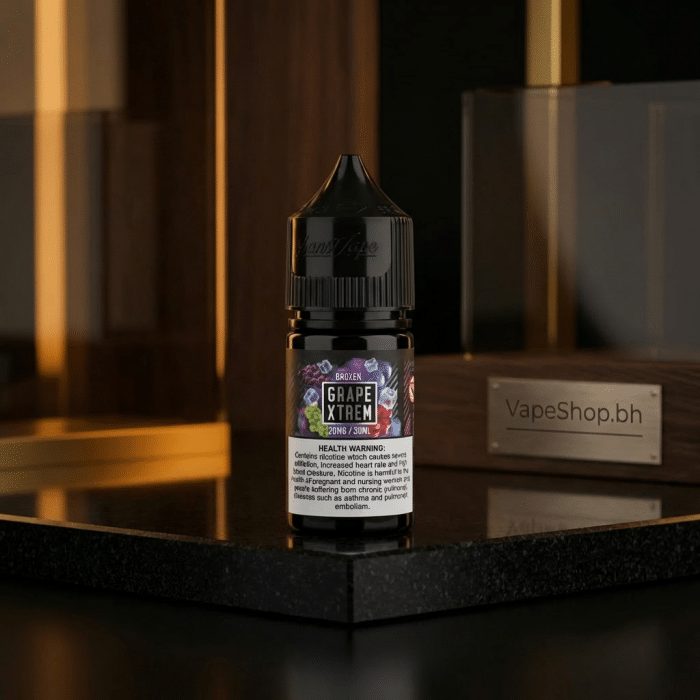 Artistic render of samsvape sam's vape e-liquids saltnic bottle, dynamic angle, premium salt nic e-juice for vapes