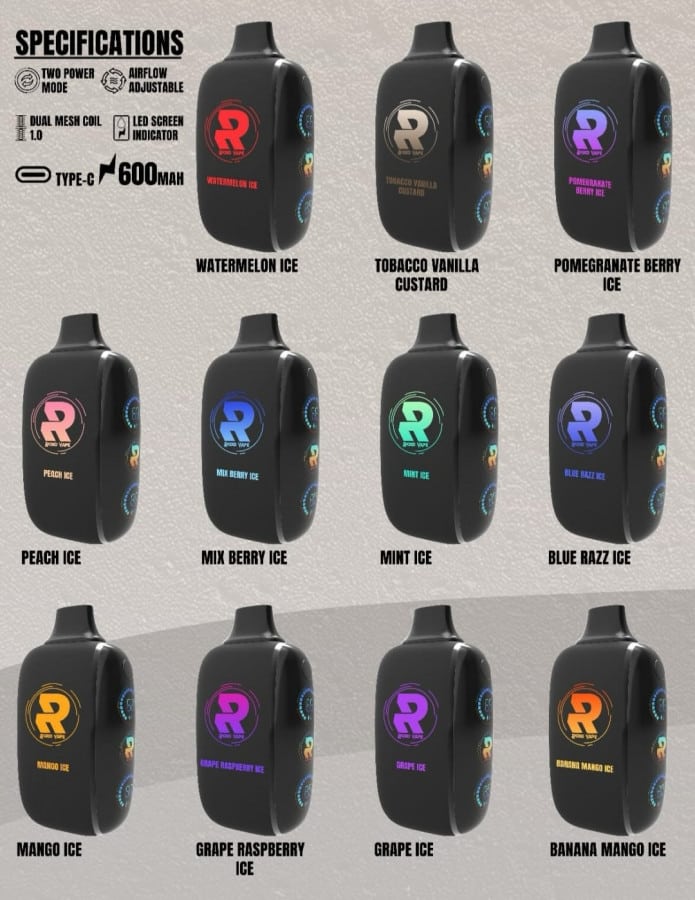 Banana Mango Ice, Blue Razz Ice, Grape Ice, Grape Raspberry Ice, Mango Ice, mint ice, Mix Berry Ice, Peach Ice, Pomgranate Berry Ice, Vanila Custard Tobacco, WATERMELON ICE